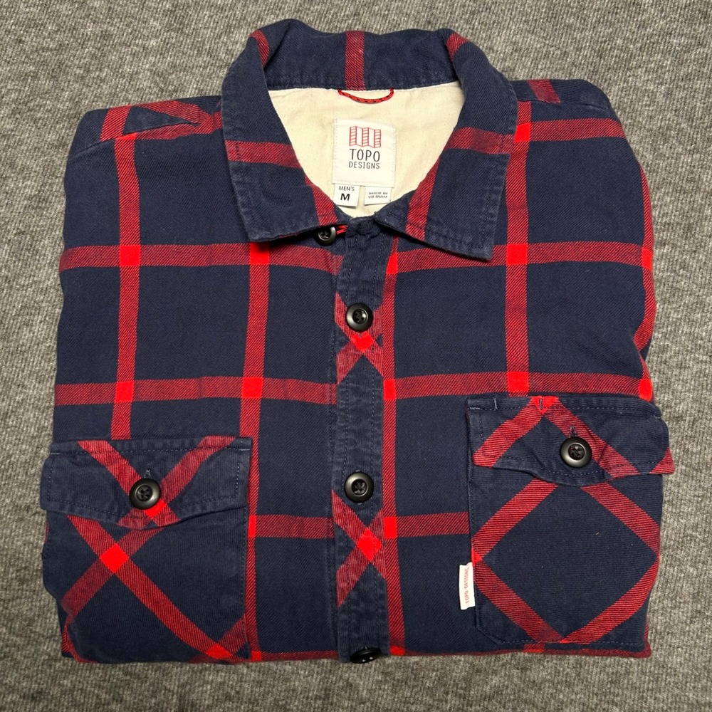 Topo Designs Flannel Field Shirt Button Up Long Sleeve Medium Plaid Blue Red